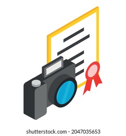 Photography Concept Icon Isometric Vector. Photo Camera And Document With Seal. Photography Competition, Hobby