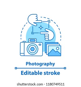 Photography concept icon. Photo camera idea thin line illustration. Taking pictures. Vector isolated outline drawing. Editable stroke