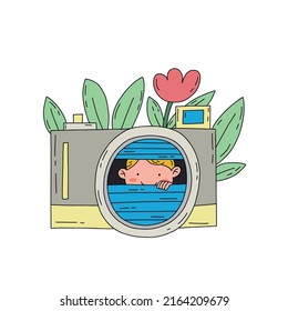 Photography concept. Large camera and small male character. Artistic and photography courses. Isolated hand drawn flat vector illustration.