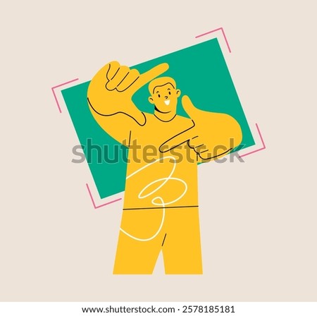 Photography concept. Man shows a frame from hands like take photography with happy face. Colorful vector illustration
