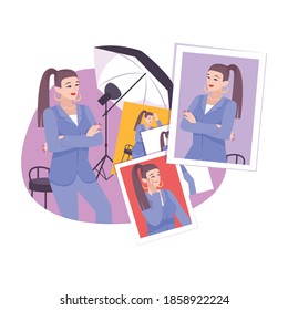Photography concept with photographer and photos of woman flat vector illustration
