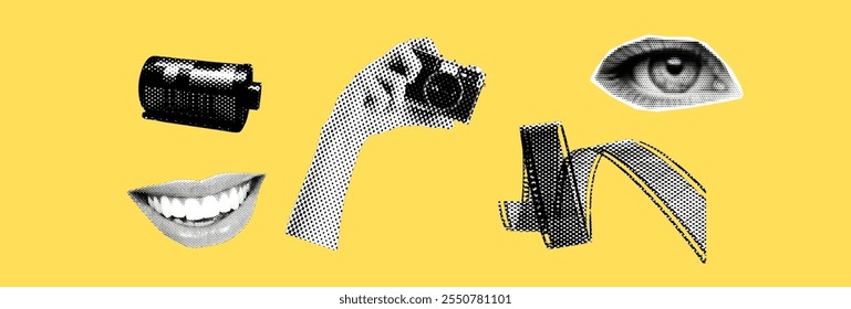 photography concept template design with person hand holding vintage camera 35 mm film female eye and smiling mouth retro grunge halftone collage element set pop art magazine style cutout object