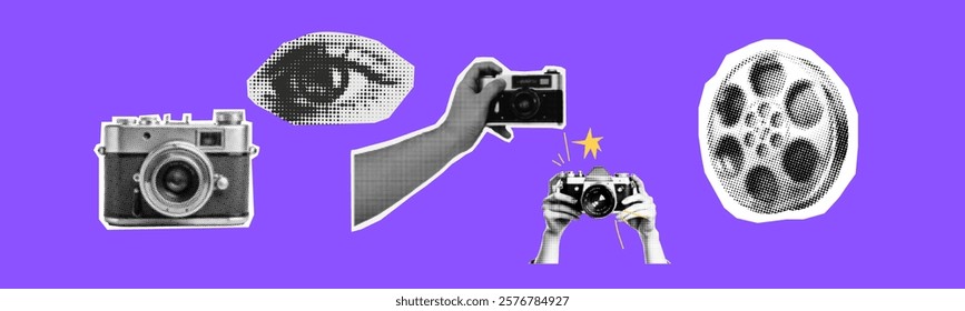 photography concept template design with person hand holding vintage camera 35 mm film female eye and smiling mouth retro grunge halftone collage element set pop art magazine style cutout object