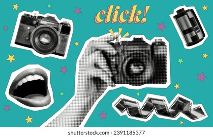 photography concept template design set with vintage camera film smiling mouth vector y2k retro grunge halftone vector collage element for mixed media design trendy pop art style cutout object