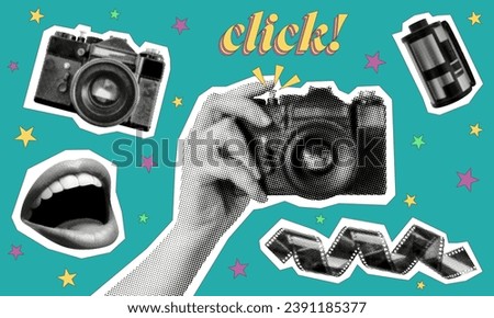 photography concept template design set with vintage camera film smiling mouth vector y2k retro grunge halftone vector collage element for mixed media design trendy pop art style cutout object