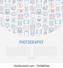 Photography concept with thin line icons of photographer, film, crop, flash, focus, light, panorama. Vector illustration for banner, web page, print media.