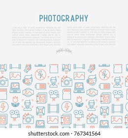 Photography concept with thin line icons of photographer, film, crop, flash, focus, light, panorama. Vector illustration for banner, web page, print media.