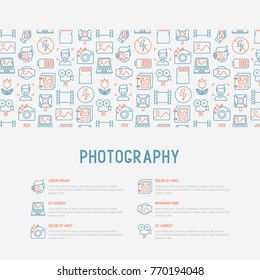Photography concept with thin line icons of photographer, film, crop, flash, focus, light, panorama. Vector illustration for banner, web page, print media.