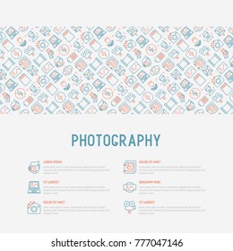 Photography concept with thin line icons of photographer, film, crop, flash, focus, light, panorama. Vector illustration for banner, web page, print media.