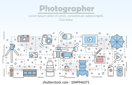 Photography concept vector illustration. Modern thin line art flat style design element with photographic equipment symbols, icons for website banners and printed materials.
