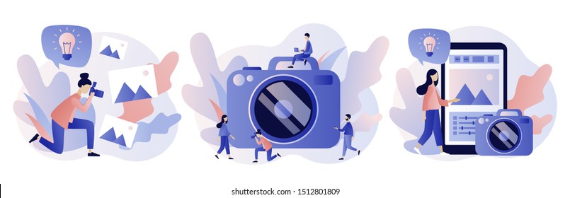 Photography concept. Photography workshop, processing workshop, photo portfolio creation concept. Modern flat cartoon style. Vector illustration