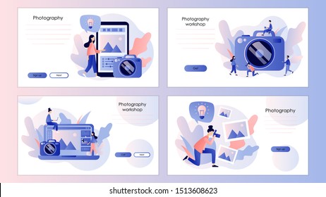 Photography concept  Photography workshop  processing concept  Screen template for mobile smart phone  landing page  template  ui  web  mobile app  poster  banner  flyer  Modern flat cartoon style 