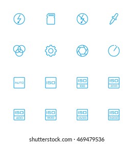 Photography, control and setting blue line icons set