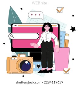 Photography course online service or platform. Photographer teaching of light setting and photo editing. Website. Flat vector illustration