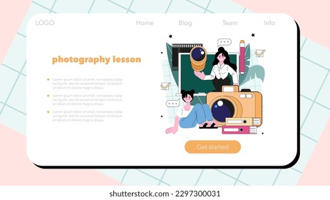 Photography course web banner or landing page. Photographer teaching of light setting and photo editing. Artistic hobby and photography class. Flat vector illustration