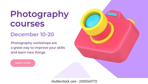 Photography courses advertising landing page with professional photo camera 3d icon web landing page vector illustration. Photographing school learning workshop for improve skills promo banner