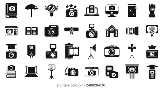 Photography courses icons set. Photography icons set illustrating photography skills, professional equipment, education and career path