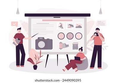 Photography courses and lessons. Teacher and students. Photo classes, tutorials, workshops concept. Photographer presenting camera, lenses and others. flat vector illustration