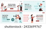 Photography courses offer at landing banner set. Start learning, improve your photography skills promo, vector illustration. Sign up now and get free photo tips sign at web page collection