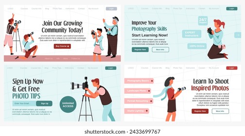 Photography courses offer at landing banner set. Start learning, improve your photography skills promo, vector illustration. Sign up now and get free photo tips sign at web page collection