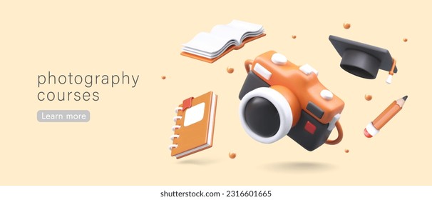 Photography courses. Practice on modern equipment. Study of composition, colors, lighting. Horizontal poster with 3D camera, educational equipment. Modern profession