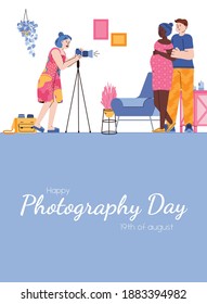 Photography day card or poster with photographer leading photo session of married couple, cartoon flat vector illustration. Creative photography occupation and business.