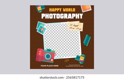 Photography Day Socials Media. Fun, colorful, poster, illustration, background, celebration, people, community, banner, social, celebrate, august, day, international, event, world.