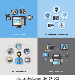 Photography design concept set with equipment photo editor and printing photographer isolated vector illustration