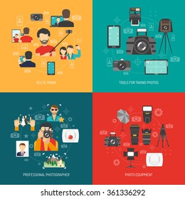 Photography design concept set with professional photo equipment and selfie flat icons isolated vector illustration