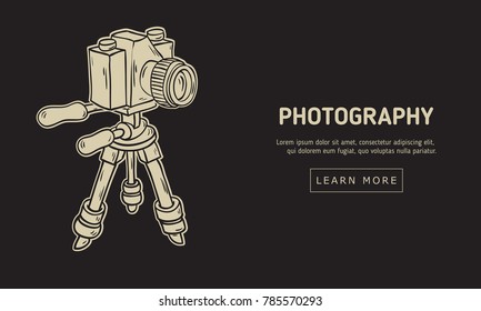 Photography  Design With Isolated  Camera On A Tripod Artistic Cartoon Hand Drawn Sketchy Line Art Style Drawing Vector Graphic.