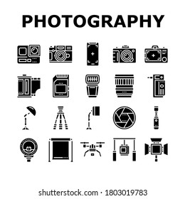 Dispositivo de fotografía Colección Icons Set Vector. Cámara De Teléfono Móvil Y Fotografías, Go Pro Y Drone, Tarjeta De Memoria Y Equipo De Fotografía Flash Pictogramas De Glifo Ilustraciones Negras