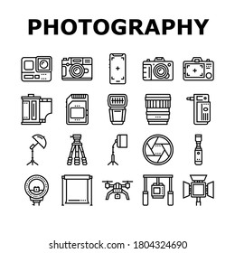 Photography Device Collection Icons Set Vector. Mobile Phone And Photo Camera, action camera  And Drone, Memory Card And Flash Photography Equipment Black Contour Illustrations