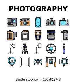 Dispositivo de fotografía Colección Icons Set Vector. Cámara De Teléfono Móvil Y Fotografías, Go Pro Y Drone, Ilustraciones De Contorno De Color De Tarjeta De Memoria Y Equipo De Fotografía Flash