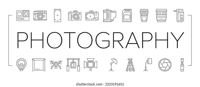 Dispositivo de fotografía Colección Icons Set Vector. Cámara De Teléfono Móvil Y Fotografías, Go Pro Y Drone, Tarjeta De Memoria Y Equipo De Fotografía Flash Ilustraciones De Contorno Negro