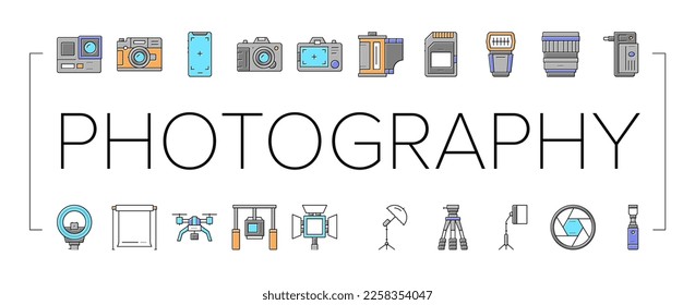 Dispositivo de fotografía Colección Icons Set Vector. Cámara De Teléfono Móvil Y Fotografías, Go Pro Y Drone, Ilustraciones De Contorno De Color De Tarjeta De Memoria Y Equipo De Fotografía Flash