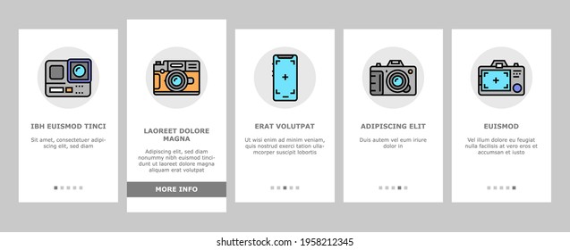 Photography Device Onboarding Mobile App Page Screen Vector. Mobile Phone And Photo Camera, Go Pro And Drone, Memory Card And Flash Photography Equipment Illustrations