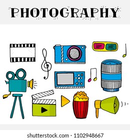 Photography doodle iconic set. 