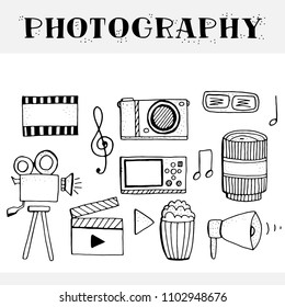 Photography doodle iconic set. 