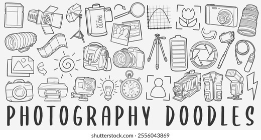 	
Photography Doodle Icons Black and White Line Art. Camera Clipart Hand Drawn Symbol Design.