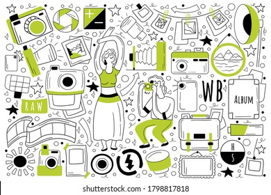 Photography Doodle Set. Collection Of Hand Drawn Sketches Templates Of People Photographing Using Art Equipment Camera And Video Shooting. Model Business Photo Session On Album Illustration.