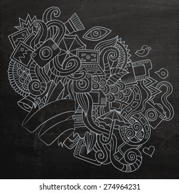 Photography doodles elements sketch background. Vector chalkboard illustration