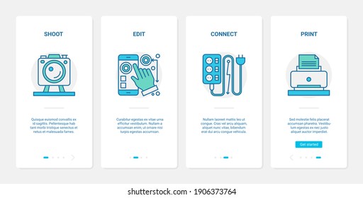 Photography electronic devices vector illustration. UX, UI onboarding mobile app page screen set with line shoot edit connect print actions, photo shooting with digital camera or phone, printing