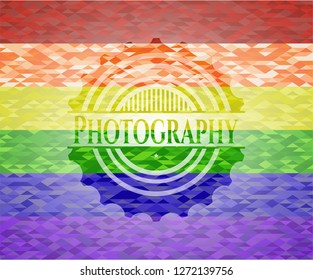 Photography emblem on mosaic background with the colors of the LGBT flag