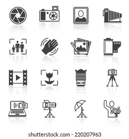 Photography equipment camera photo icons black isolated vector illustration