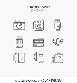 Photography equipment, camera, thin line icons set, vector illustration