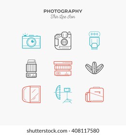 Photography equipment, camera, thin line color icons set, vector illustration