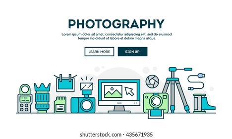 Photography equipment, colorful concept header, flat design thin line style, vector illustration