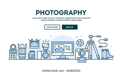 Photography equipment, concept header, flat design thin line style, vector illustration