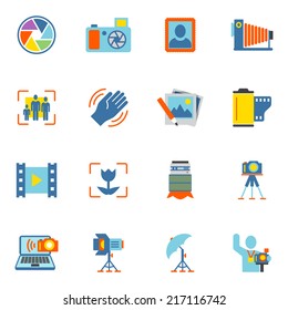 Photography equipment digital camera icons flat isolated vector illustration