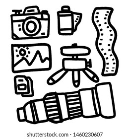 Photography equipment flat cartoon icons. Monochrome digital or film camera, accessories, memory card, tripod lens. Black and white vector illustration, signs for photo studio or store.